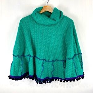 Jeanne‎ Pierre Rabbit Hair Wool Pom Pom Turtleneck Pullover Sweater Poncho Large